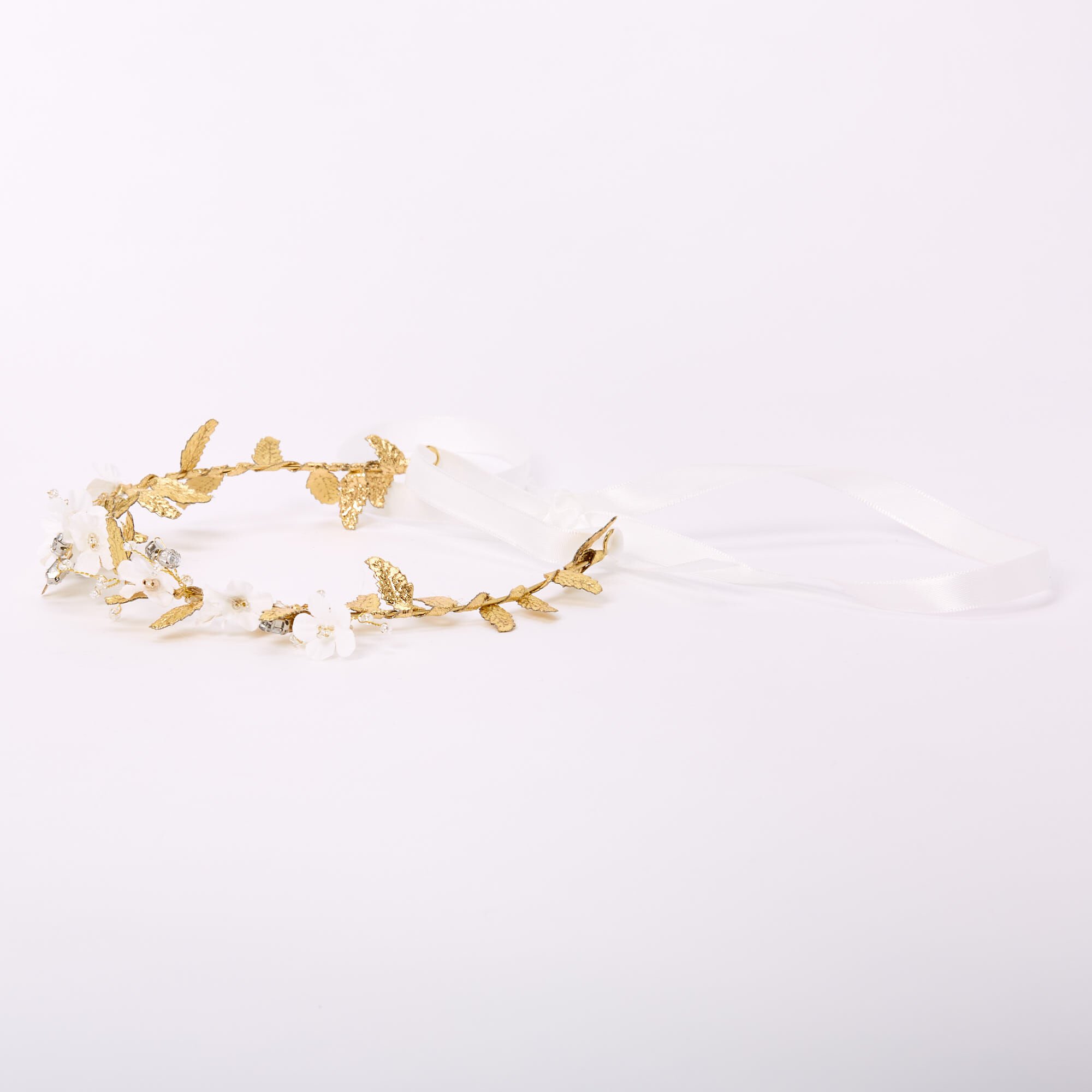 View Claires Gold Metallic Flower Crown Tie Headwrap White information