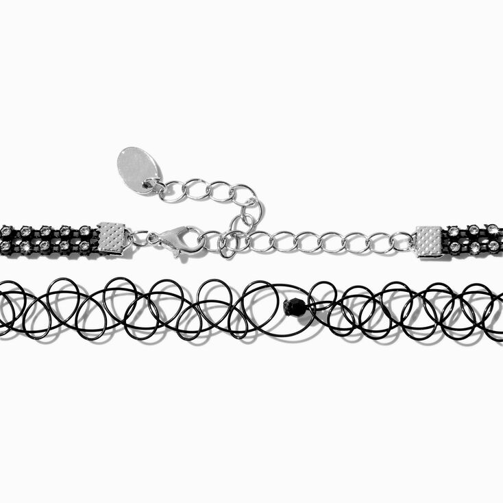 Ras-de-cou perl&eacute;s effet tatouage noir et strass noirs - Lot de 2,