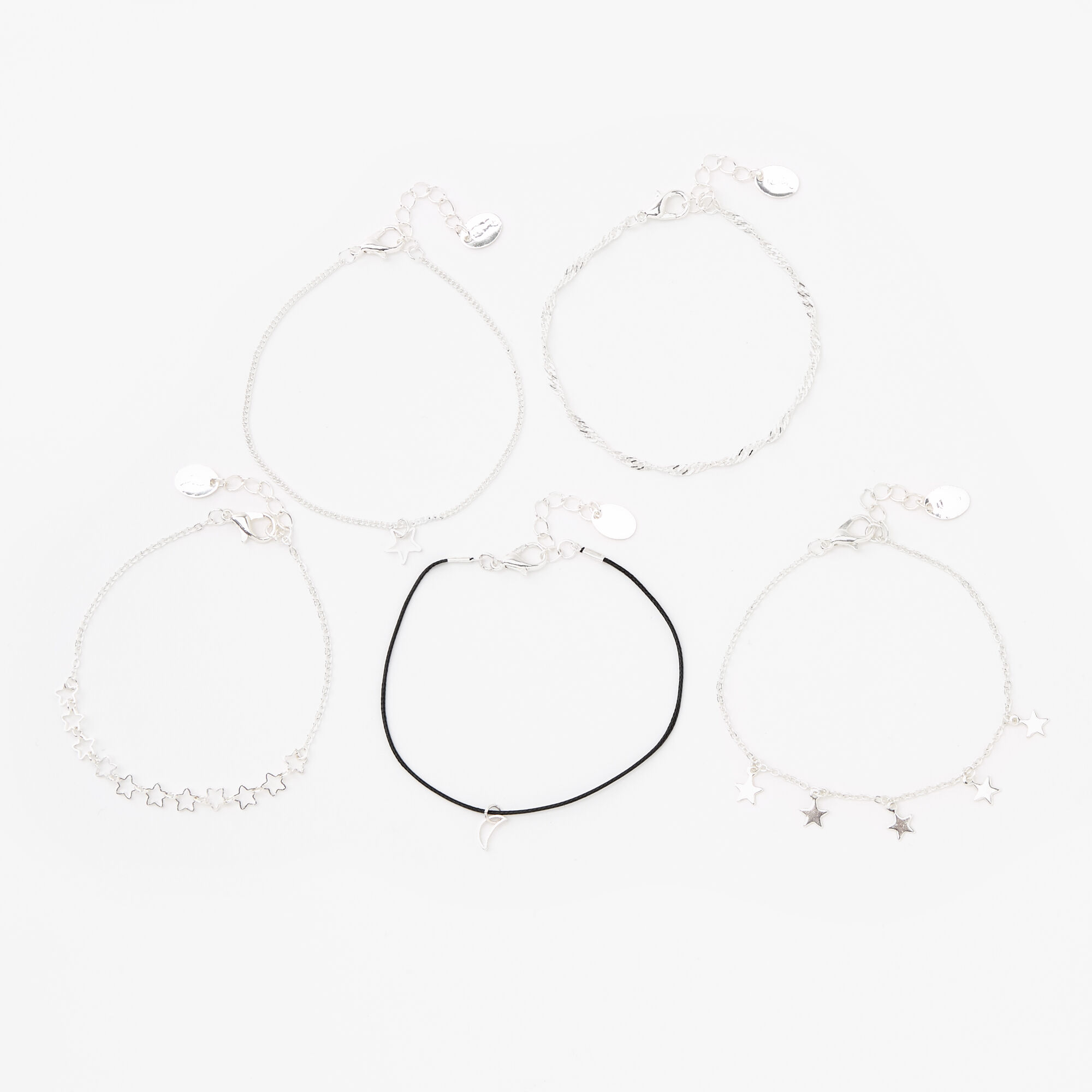 Silver Stars & Moon Chain Bracelets - 5 Pack,