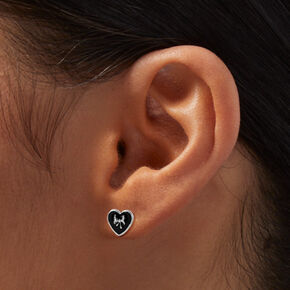 Silver-tone Bow Black Heart Stud Earrings,