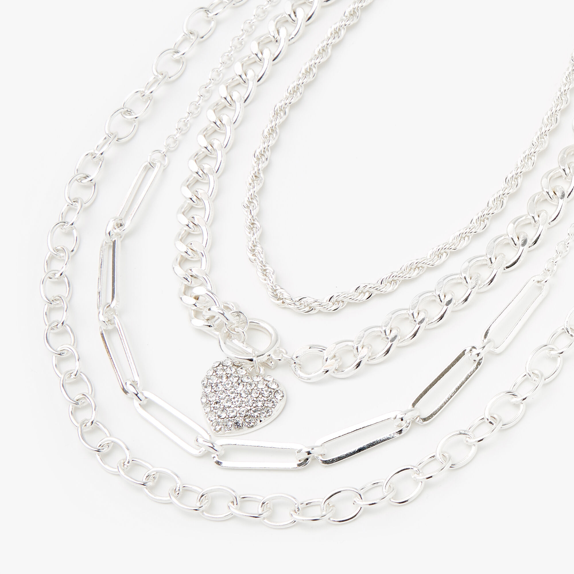 Collier multi-rangs à chaîne avec fermoir en T et cœur couleur argentée,