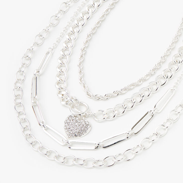 Collier multi-rangs &agrave; cha&icirc;ne avec fermoir en T et c&oelig;ur couleur argent&eacute;e,