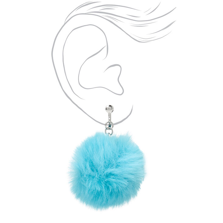 Silver 1.5&quot; Pom Pom Clip-On Drop Earrings - Teal,