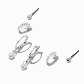 Silver-tone Pearl Hoop Earring Stack - 3 Pack ,