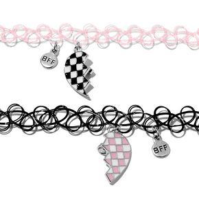 Best Friends Pink &amp; Black Split Heart Tattoo Choker Necklaces - 2 Pack,