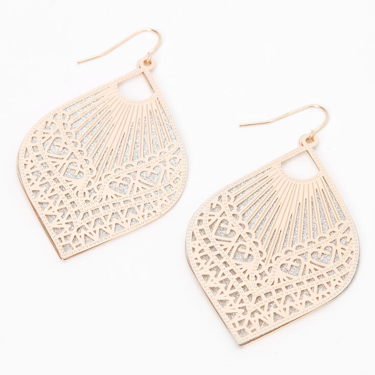 Rose Gold 2.5&quot; Filigree Teardrop Drop Earrings,