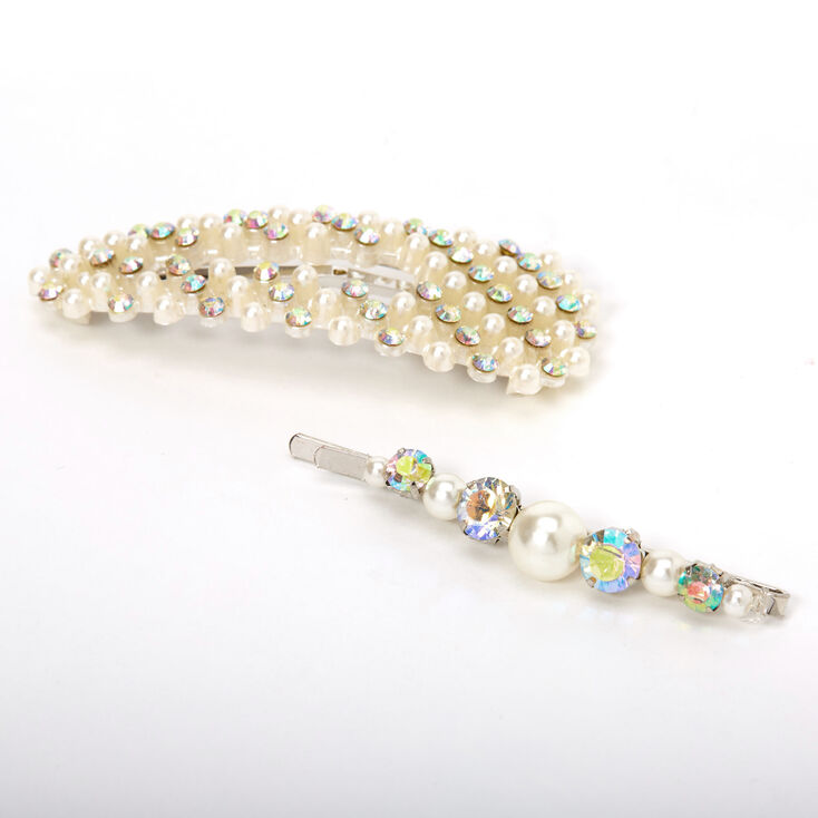 Claire's Barrette clic clac et épingle à cheveux perles d’imitation et strass irisés - Lot de 2