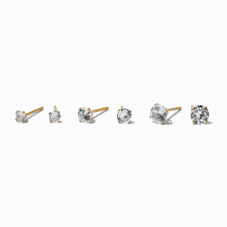 Gold-tone Stainless Steel Round Cubic Zirconia Stud Earrings - 3 Pack ,