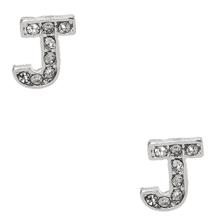 Silver Tone Clear Crystal Initial Letter J Stud Earrings Claire S Us Silver Tone Clear Crystal Initial Letter J Stud Earrings