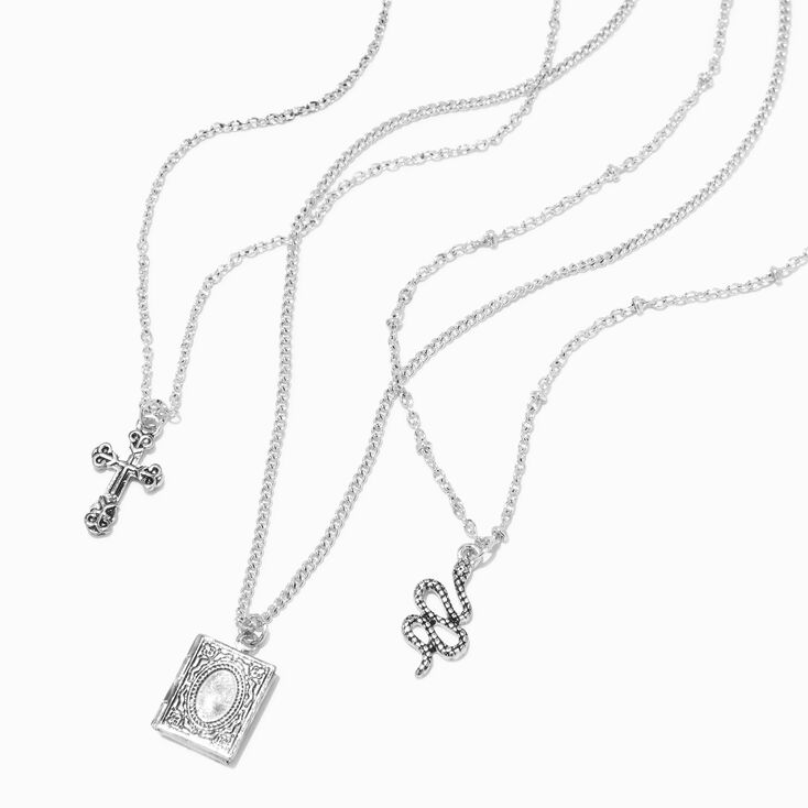 Silver Cross Locket Pendant Necklaces - 3 Pack,