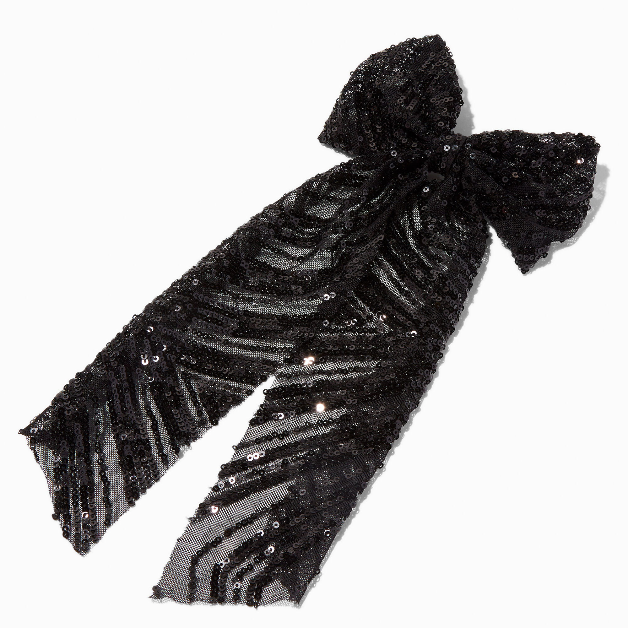 View Claires Sequin Long Tail Hair Bow Clip Black information