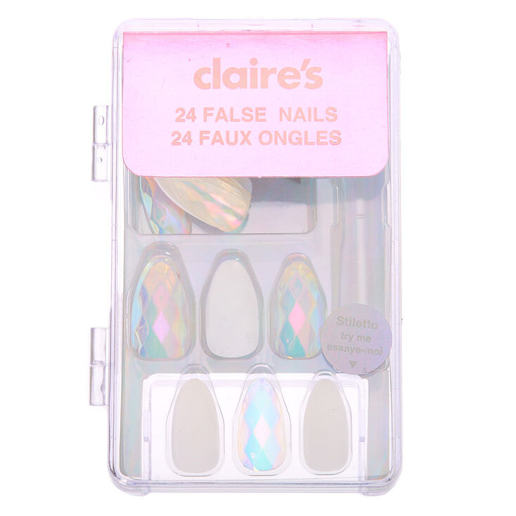 Aurora Borealis Disco Stiletto Faux Nail Set - Clear, 24 Pack,