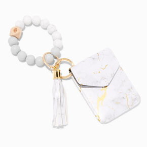 Bracelet perl&eacute; blanc et couleur dor&eacute;e avec mini porte-monnaie &agrave; pression effet marbr&eacute;,