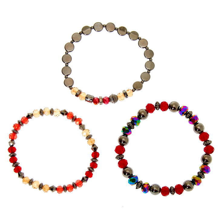 Hematite Bead Stretch Bracelets - Red, 3 Pack,