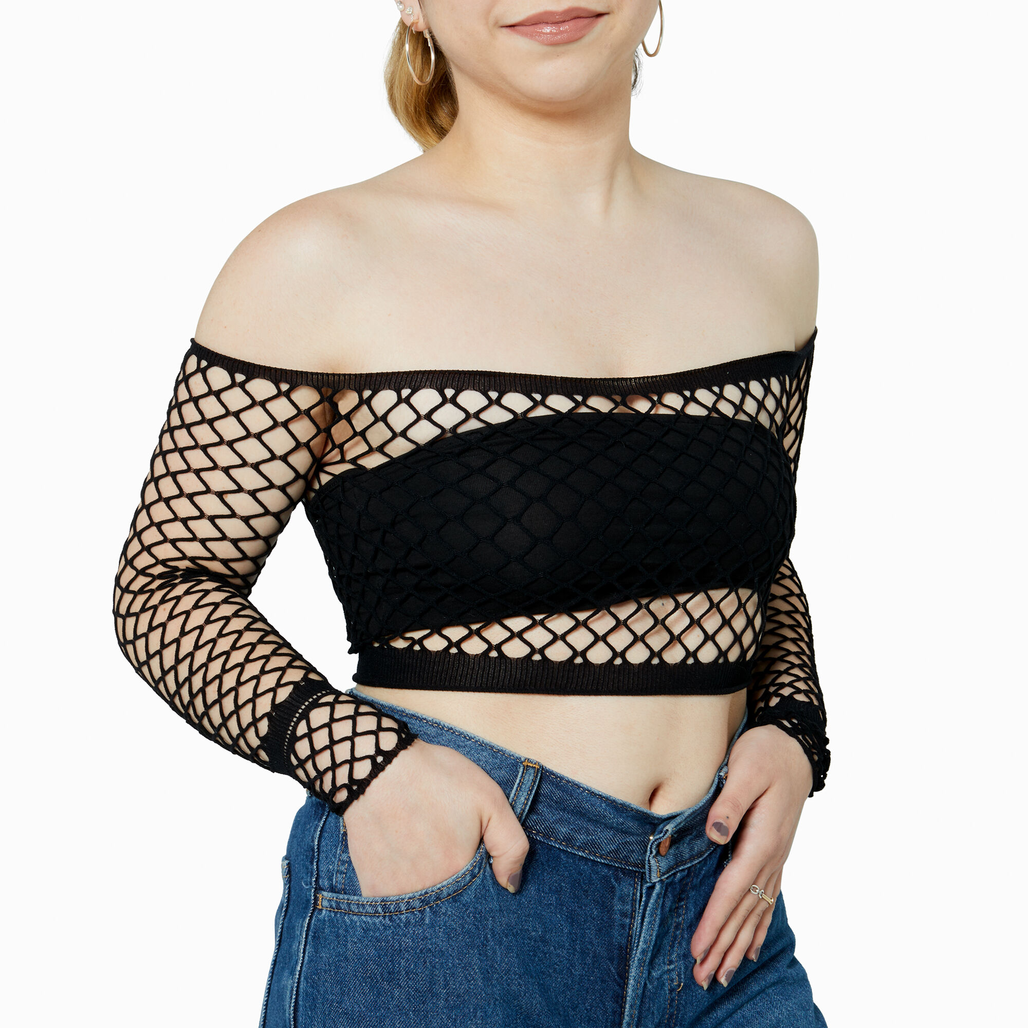 Black Fishnet Long Sleeve Crop Top Claire s US