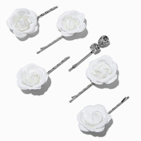 White Tulle Flower Rhinestone Hair Pins - 6 Pack,
