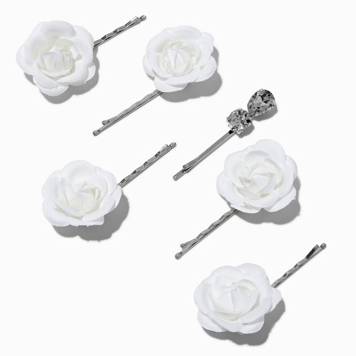 White Tulle Flower Rhinestone Hair Pins - 6 Pack,