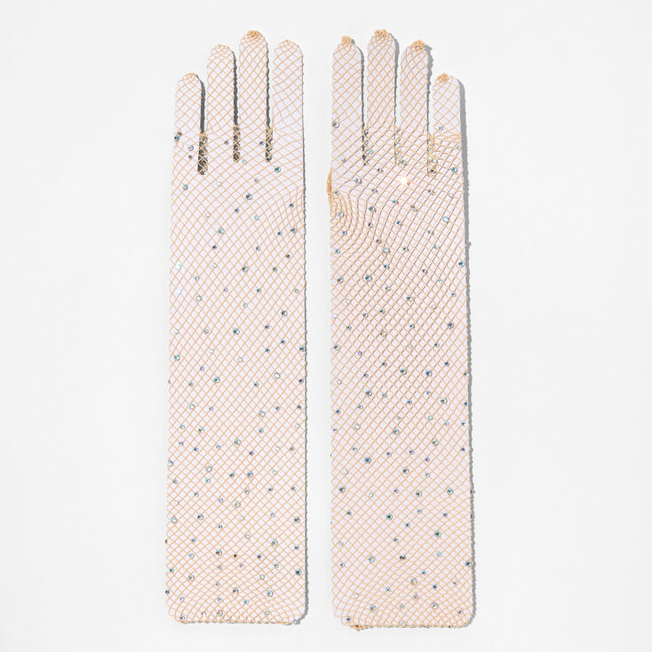 Tan Rhinestone Long Fishnet Gloves,