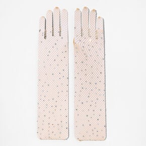Tan Rhinestone Long Fishnet Gloves,