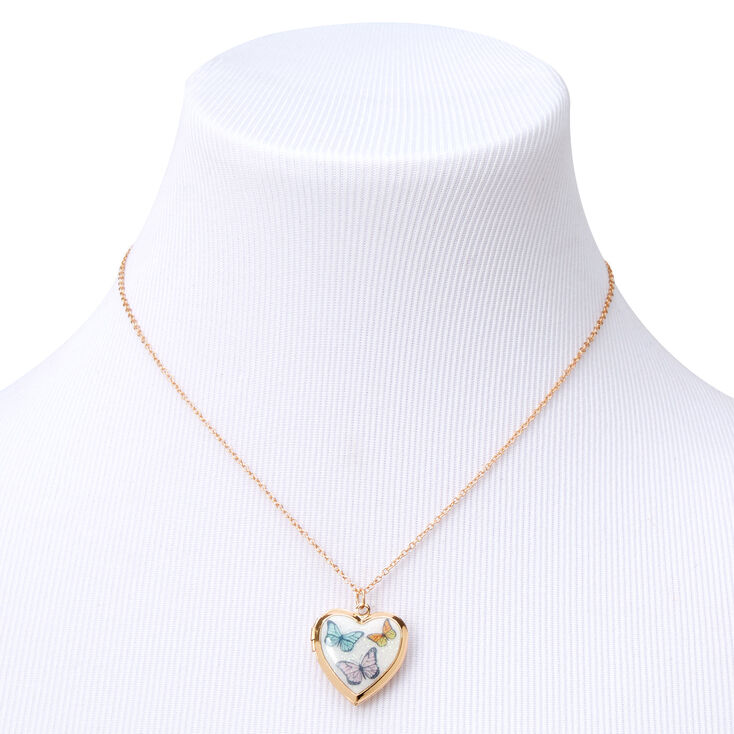 Gold Butterfly Heart Locket Pendant Necklace,