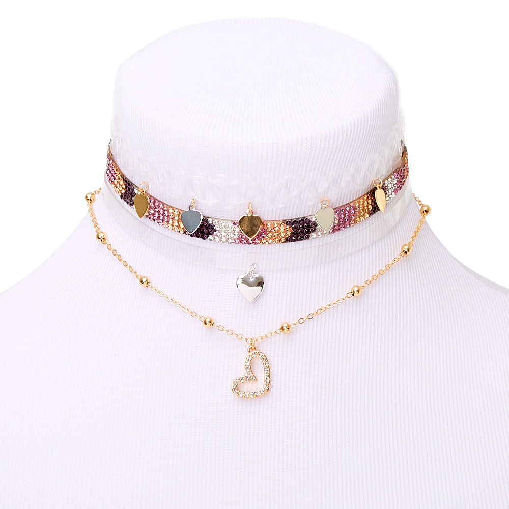 Mixed Metal Chevron Heart Mixed Choker Necklaces - 4 Pack,