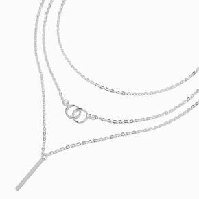 Collier de cha&icirc;ne multi-rangs anneaux imbriqu&eacute;s et b&acirc;tonnet couleur argent&eacute;e,