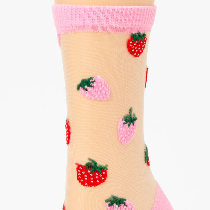 Socquettes en tissu extra-fin fraises brod&eacute;es - Rose,