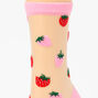 Socquettes en tissu extra-fin fraises brod&eacute;es - Rose,