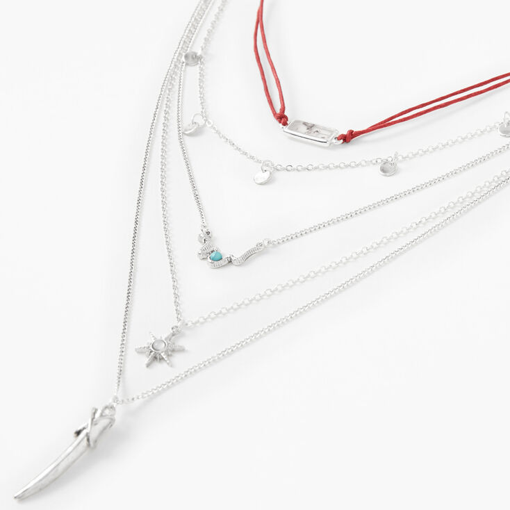 Silver Starburst Horn Multi Strand Choker Necklace - Burgundy,