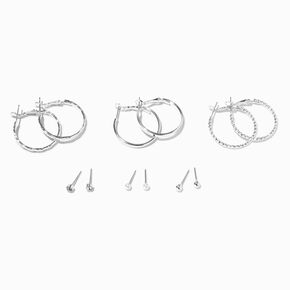 Silver Textured Hoop &amp; Studs Earrings Set - 6 Pack,