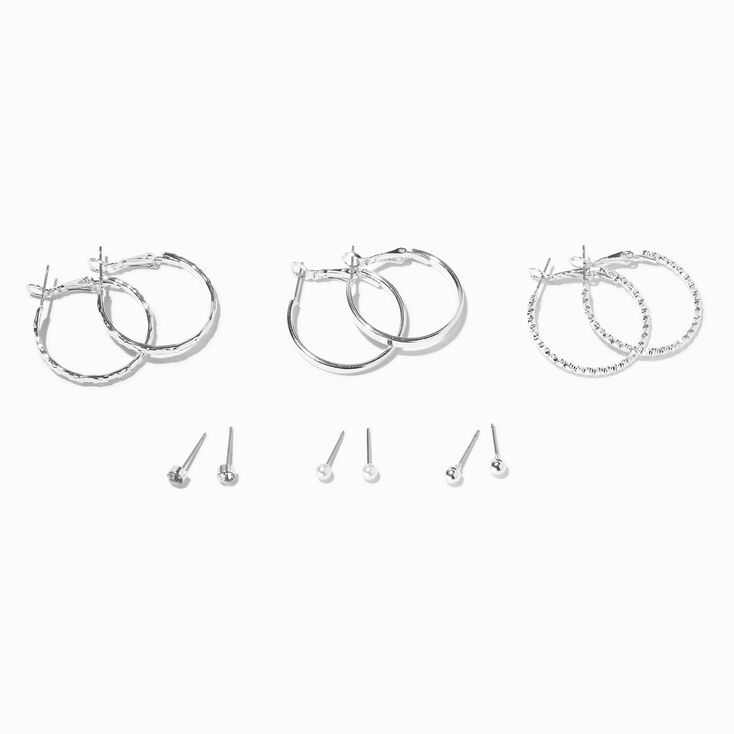 Silver-tone Textured Hoop &amp; Studs Earrings Set - 6 Pack,