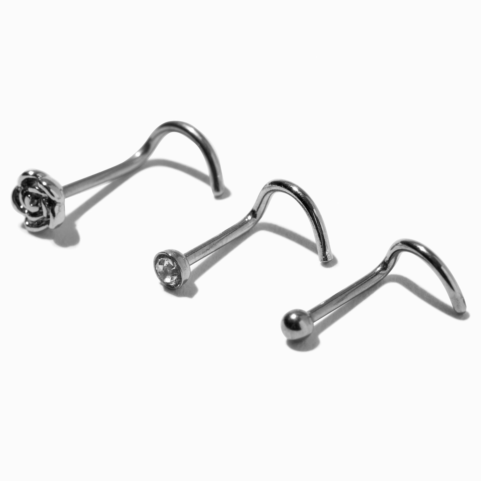 Silver tone Stainless Steel 20G Rose Studs Nose Rings 3 Pack