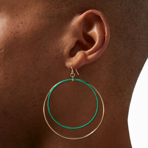 Gold 3&#39;&#39; Green Enamel Double Ring Hoop Drop Earrings,