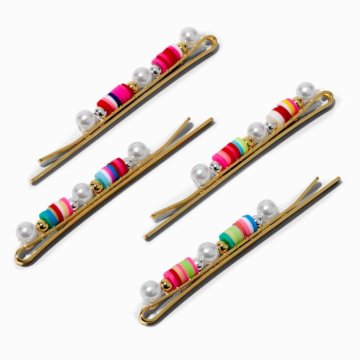 Rainbow Bead &amp; Pearl Hair Pins - 4 Pack,