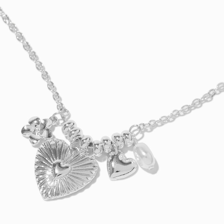 Silver-tone Heart &amp; Daisy Charm Cluster Pendant Necklace,