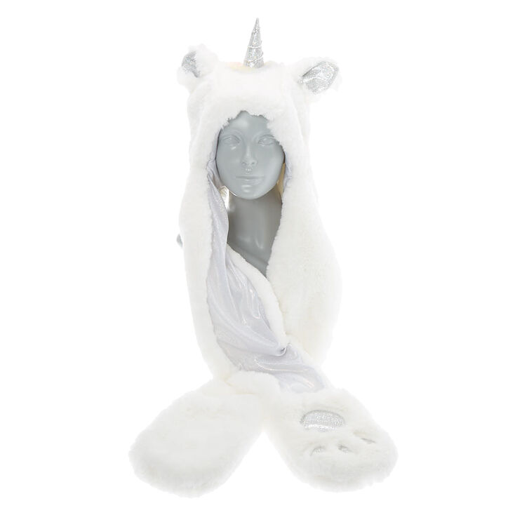 Unicorn Hood With Paw Mittens - White,