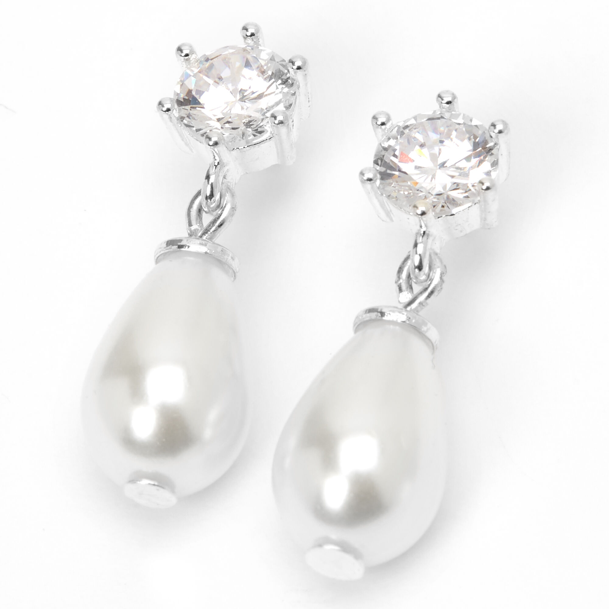 View Claires 05 Crystal Pearl Teardrop Drop Earrings Silver information