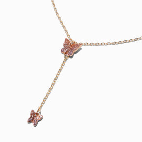 Gold-tone Pink Crystal Butterfly Y-Neck Choker Necklace ,