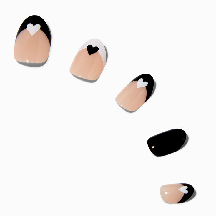 Faux ongles autocollants vegan ronds c&oelig;urs noirs et blancs - Lot de 24,