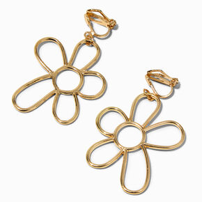 Gold Daisy Outline 1&quot; Clip-On Drop Earrings,