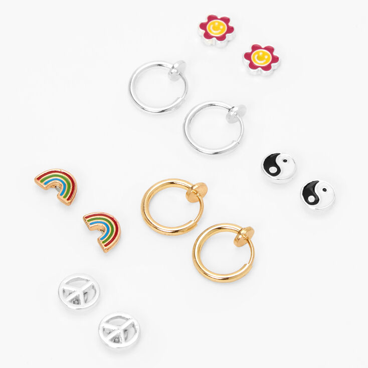 Mixed Metal Peace, Rainbow Stud &amp; Hoop Magnetic Earrings - 6 Pack,