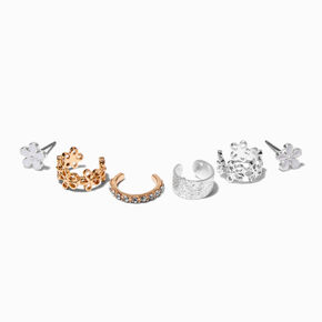 Silver-tone Daisy Stud &amp; Ear Cuff Earrings Stackables - 6 Pack,