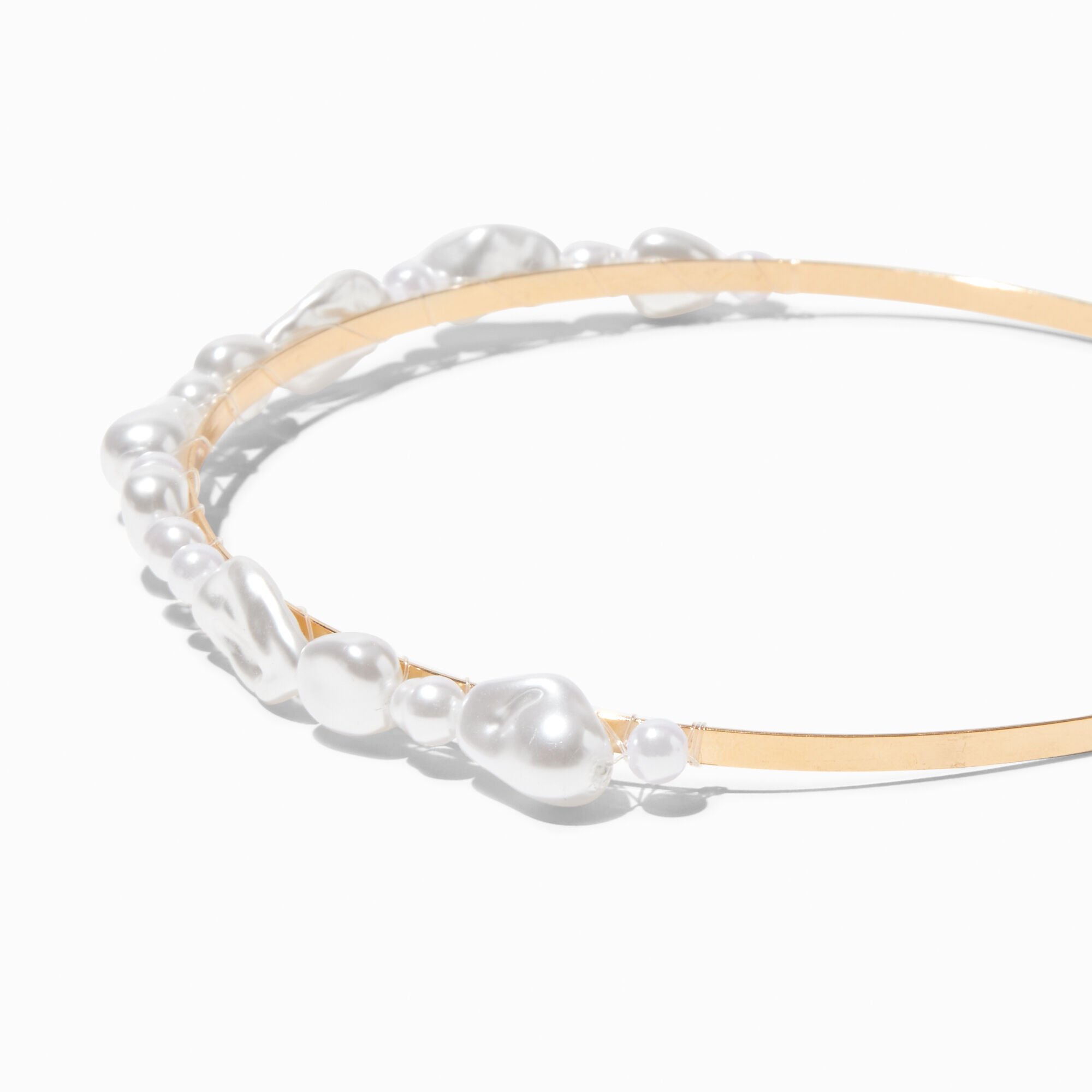 View Claires Chunky Pearl Metal Headband Gold information