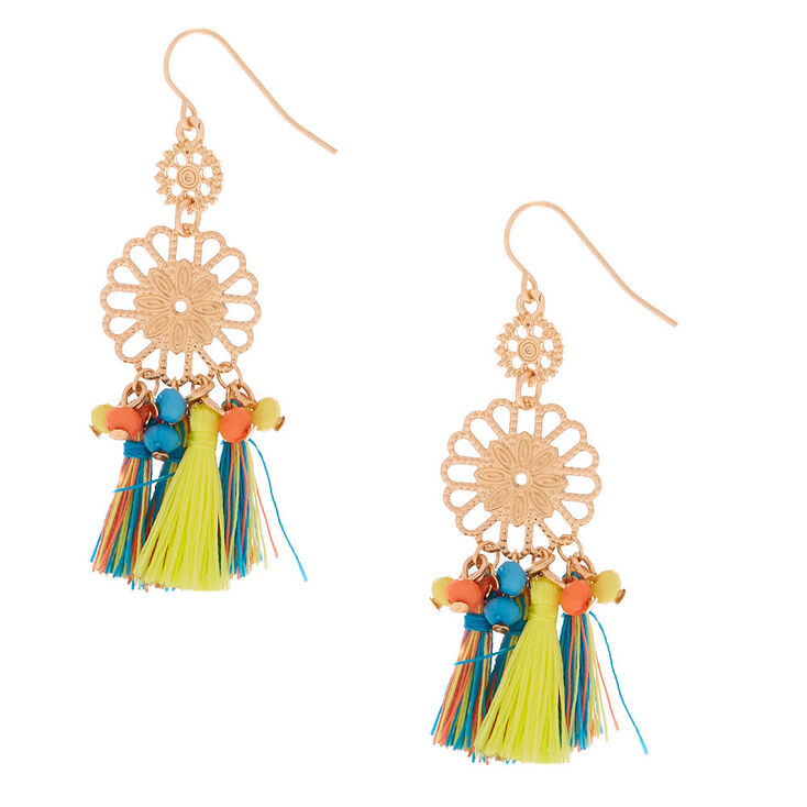 Claire's Pendantes perlées à motif en filigrane avec pompons arc-en-ciel 5 cm couleur doré