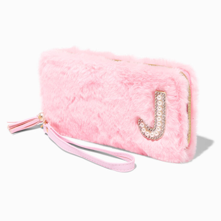 Pink Furry Pearl Initial Wristlet Wallet - J,