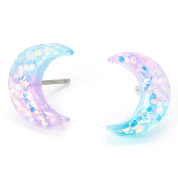 Silver Glitter Ombre Moon Stud Earrings,