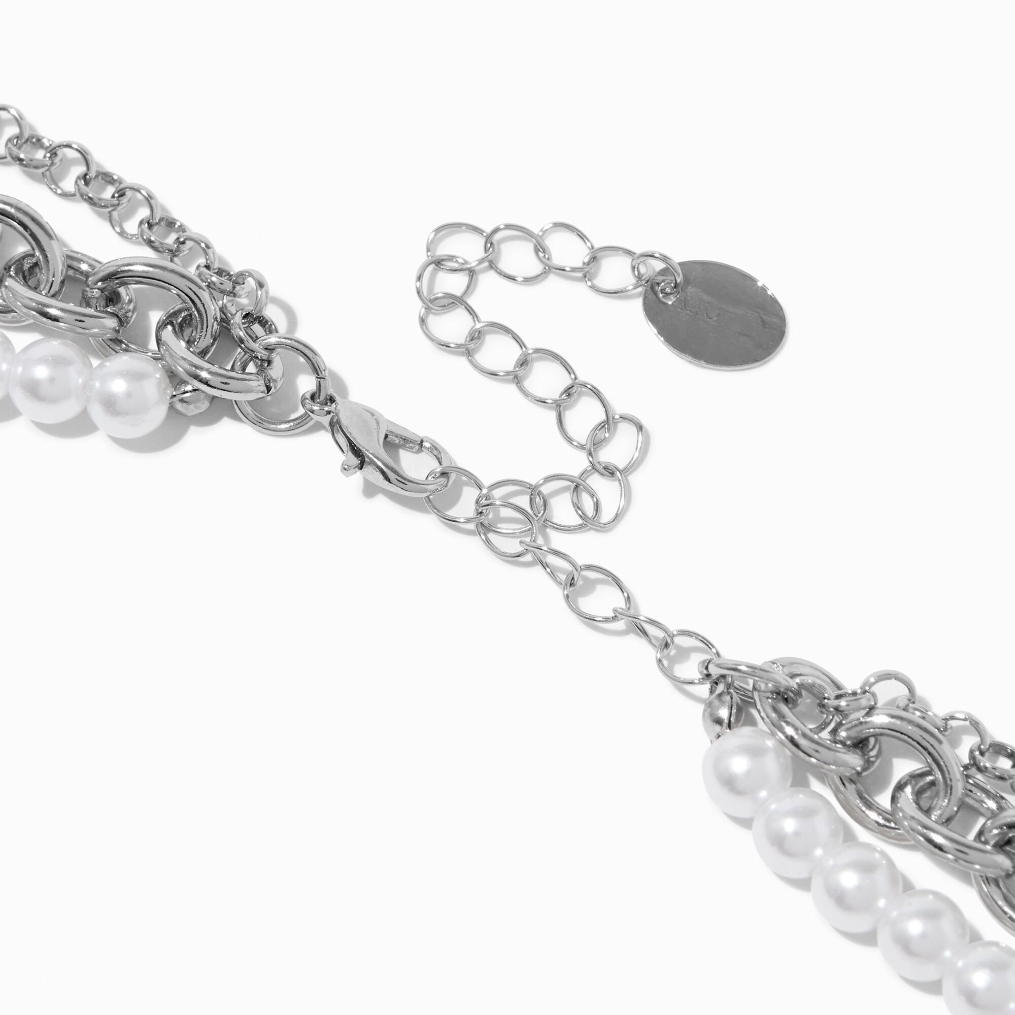 Silver-tone Puff Heart & Pearl Multi-Strand Necklace,
