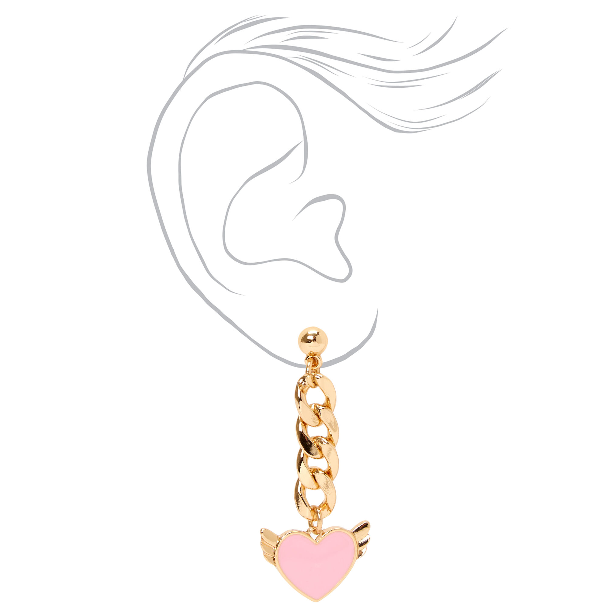 Gold Chain Link Pink Heart 2" Drop Earrings,