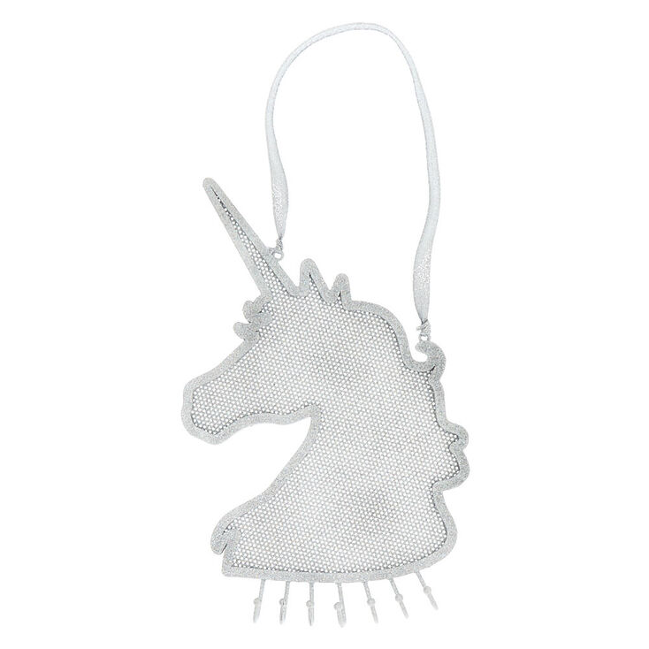 Porte-bijoux &agrave; suspendre couleur argent&eacute; avec paillettes motif licorne,