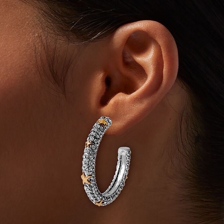 Mixed Metal Star Pav&eacute; Hoop Earrings,